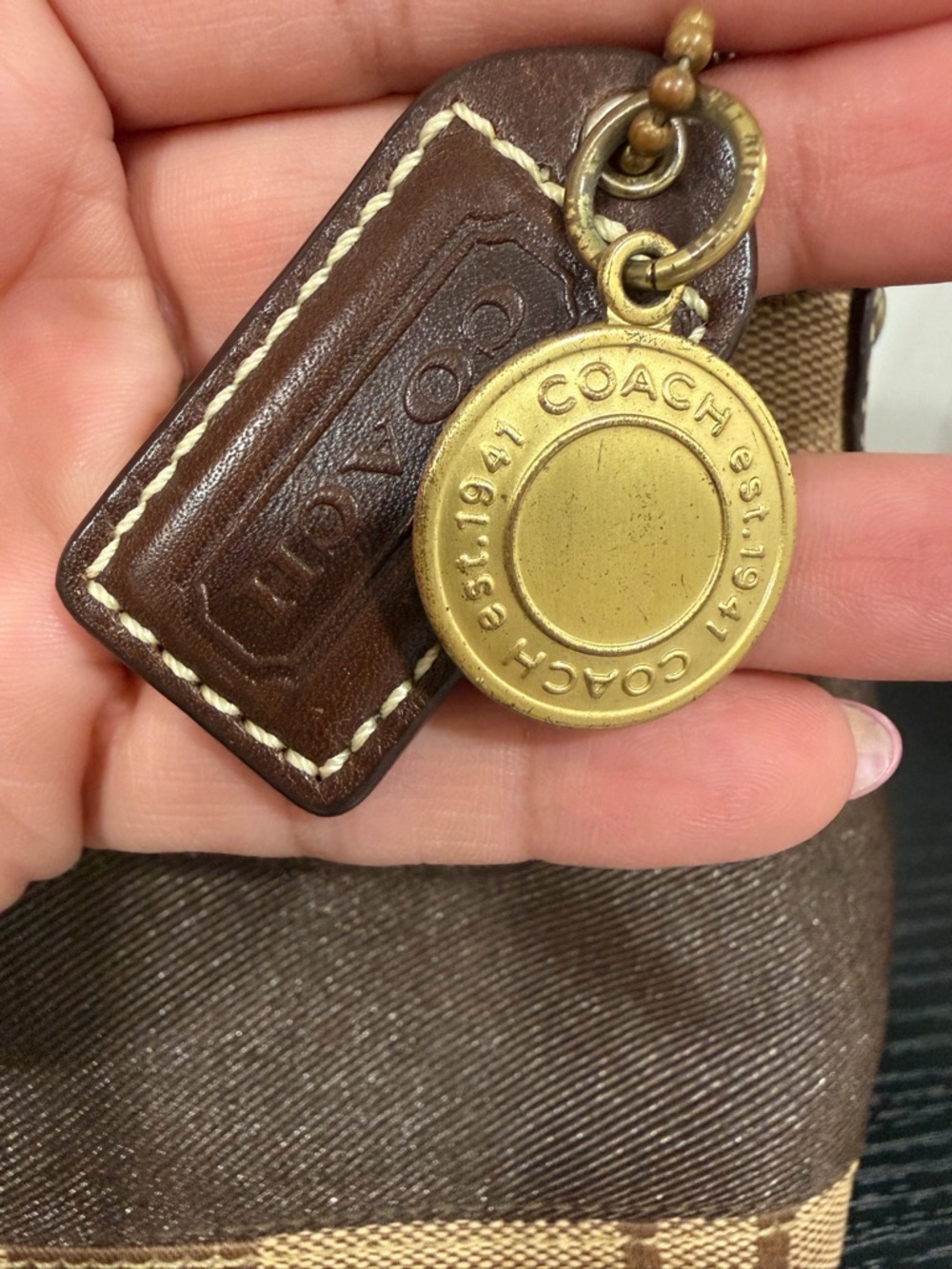 Coach Brown Leather Tag with Brass Logo Charm - Picture 3 of 6